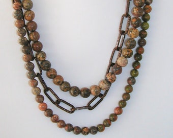 Rustic Boho Chic Smooth Unakite Stone and Copper Chunky Chain Statement Necklace Bohemian Jewelry