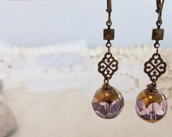 Antiqued Brass Amethyst Purple Crystal Bead Earrings Vintage Style Shabby Chic Boho Bride Jewelry