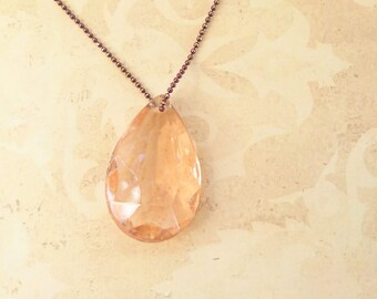 Peach Crystal Drop Pendant  Necklace Boho Shabby Chic