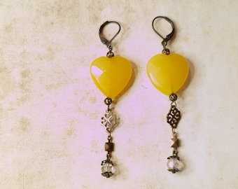 Yellow Faceted Heart Crystal Drop Dangle Earrings  Antique Brass Shabby Chic Jewelry