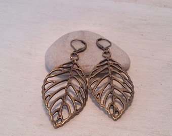Birch Leaf Drop Earrings in Antiqued Bronze Shabby Chic Rustic Boho Jewelry