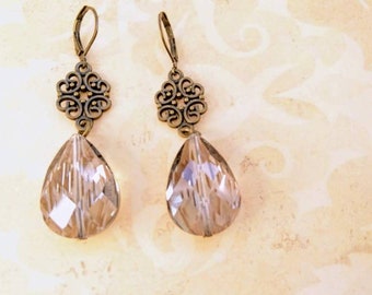 Antique Bronze and Faceted Crystal Drop Gemstone Dangle Earrings Shabby Chic Boho Bride Jewelry