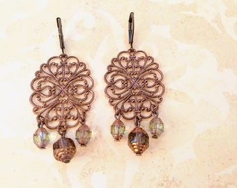 Antiqued Copper Filigree Chandelier Earrings Bohemian boho chic Belle époque