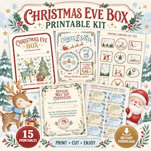 May include: A Christmas Eve box printable kit featuring a collection of festive documents including a gift box label, a Cookies for Santa mat, gift tags, an official Nice List certificate, and movie night tickets, all decorated with holiday motifs.