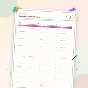 May include: A wedding planner Guest List & RSVP Tracker document featuring columns for guest name, household, RSVP status, meal choice, plus one, and notes. The header displays totals for invited, confirmed, and waiting guests with colourful accents.