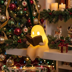 May include: A glowing, pale yellow, ghost-shaped lamp sitting on a shelf, holding an open dark brown book. The ghost has two circular, unlit eye cutouts. The lamp is positioned near a Christmas tree with ornaments and holiday decor.