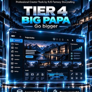 May include: A digital interface titled BUILT BY YOU TIER 4 BIG PAPA Go bigger, featuring a dashboard with project builder tools, asset management, and timeline editing. The display shows a mountain landscape and includes buttons for larger builds and a power-user toolkit.