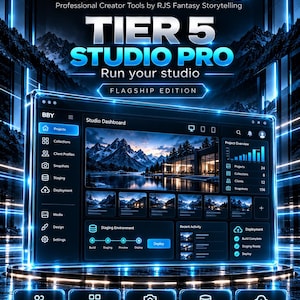 Può includere: Un'interfaccia digitale intitolata BUILT BY YOU TIER 5 STUDIO PRO FLAGSHIP EDITION. Lo schermo mostra una dashboard di studio a tema scuro con panoramiche dei progetti, ambienti di staging e stato di distribuzione, illuminata da accenti di luce neon blu.