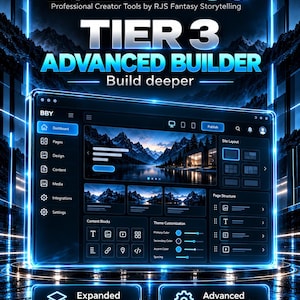 May include: A digital interface for the Built By You Tier 3 Advanced Builder software. The dark-themed dashboard features neon blue accents, navigation menus, content blocks, and theme customization settings, with text overlays including Built By You.