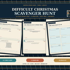 Könnte beinhalten: Ein schwieriges Weihnachts-Schnitzeljagd-Set mit einem 12-Hinweise-Chiffre-Pfad, 6 Austausch-Karten und einer Gastgeber-Karte mit Lösungen. Die druckbaren Seiten enthalten den Zwölf-Hinweise-Pfad und die Lösungen 01-06 in Dunkelblau und Creme.