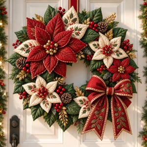 May include: A circular Christmas wreath featuring large red and cream fabric poinsettia flowers, dark green quilted leaves, clusters of red berries, small pinecones, and gold-toned foliage accents, finished with a large red patterned bow.