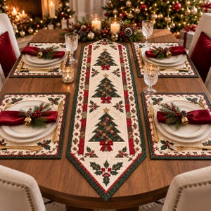 May include: A quilted table runner and four matching placemats featuring a cream background with a repeating pattern of green Christmas trees, red bows, and holly leaves. Each place setting includes a white plate and a red napkin with a pine sprig.