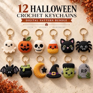 Puede incluir: Un paquete de patrones digitales para 12 llaveros de ganchillo de Halloween que incluye un fantasma, calabaza, calavera, dulce de maíz, gato negro, araña, murciélago, caldero, luna, sombrero de bruja, monstruo de Frankenstein y lápida.