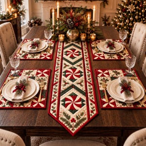 May include: A quilted table runner and four matching placemats featuring a red, green, and white peppermint swirl and holly leaf pattern. The set is arranged on a dark wooden table with white plates, gold flatware, and clear glassware.