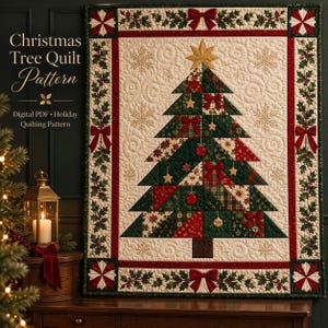May include: A rectangular quilt featuring a central Christmas tree design composed of green, red, and plaid fabric triangles. The tree is topped with a gold star and decorated with small ornaments. The border displays holly leaves and red bows.