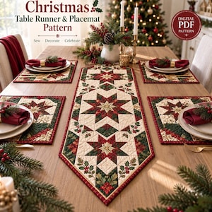 May include: A digital PDF pattern for a Christmas table runner and placemat set. The quilted fabric features a star motif in red, green, and cream with holly leaf accents. The text reads: Christmas Table Runner & Placemat Pattern, Sew, Decorate, Celebrate, and Digital PDF Pattern.