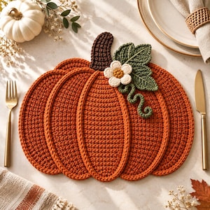 May include: A pumpkin-shaped crochet placemat in burnt orange with a dark brown stem, a green leaf, a small white flower with a yellow center, and a green curly vine. The placemat features a textured stitch pattern and defined ribbed edges.
