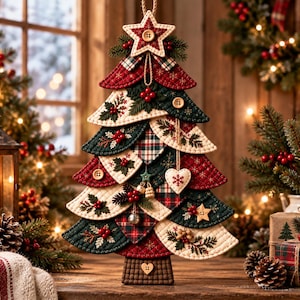 May include: A decorative wall hanging shaped like a Christmas tree, constructed from layered fabric segments in red, green, and cream. It features quilted patterns, embroidered holly berries, small wooden buttons, and a star topper with a central button.
