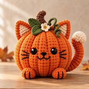 May include: A round, orange crocheted pumpkin shaped like a cat. It features black plastic eyes, a stitched nose and mouth, whiskers, two pointed ears with cream centres, a brown stem, green leaves, a small white flower, and a long tail.