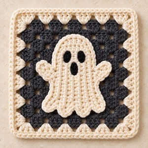 Może przedstawiać: Kwadratowy element szydełkowy typu granny square z centralną aplikacją w kształcie duszka w kolorze kremowym, posiadającym dwoje czarnych owalnych oczu i czarne owalne usta. Tło kwadratu składa się z naprzemiennych rzędów ciemnoszarej i kremowej włóczki.