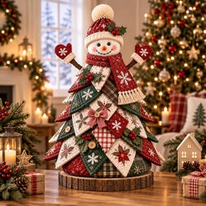 Op de afbeelding: Een decoratief sneeuwpopfiguur met een gelaagd stoffen boomlichaam in rood, groen en crème met sneeuwvlokpatronen, hulstaccenten en houten knopen. De sneeuwpop draagt een bijpassende gebreide muts met pompon en een sjaal met franjes op een houten voet.