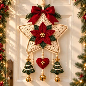 Peut inclure: Une décoration murale en forme d'étoile crochetée avec un grand poinsettia rouge au centre, surmontée d'un nœud en tissu rouge foncé. Trois ornements pendent de l'étoile, dont deux sapins de Noël crochetés verts et un cœur crocheté rouge.