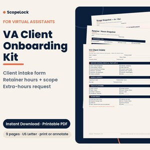 Könnte beinhalten: Ein VA-Kunden-Onboarding-Kit bestehend aus einem 9-seitigen druckbaren PDF-Set. Das Dokument enthält ein VA-Kundenaufnahmeformular, eine Übersicht über Retainer-Stunden und eine Bereichsübersicht. Schwarzer Text auf cremefarbenem Grund mit dunkelblauen Akzenten.