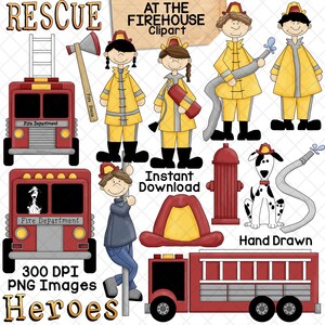 Pode incluir: Uma coleção de ilustrações digitais com caminhões de bombeiros vermelhos, bombeiros com equipamento amarelo, um hidrante, um dálmata, um machado, uma mangueira e um capacete vermelho. O texto inclui RESCUE, AT THE FIREHOUSE, Fire Department e Heroes.