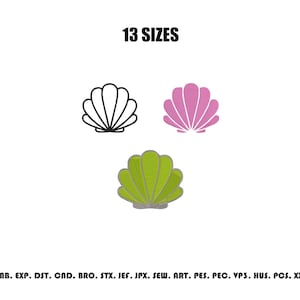 Puede incluir: Un diseño de bordado digital con tres iconos de conchas marinas: un contorno negro, uno rosa sólido y uno verde lima sólido. El texto 13 SIZES aparece en la parte superior, y una lista de formatos de archivo incluyendo EMB, EXP, DST, CND, BRO, STX, JEF, JPX, SEW, ART, PES, PEC, VP3, HUS, PCS, XXX está en la parte inferior.