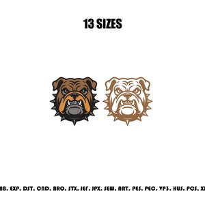 Può includere: Un disegno per ricamo digitale con due teste di bulldog con collari a punta, una in marrone e grigio e una con contorno marrone chiaro. Il testo 13 SIZES appare in alto e un elenco di formati file EMB, EXP, DST, CND, BRO, STX, JEF, JPX, SEW, ART, PES, PEC, VP3, HUS, PCS, XXX è in basso.