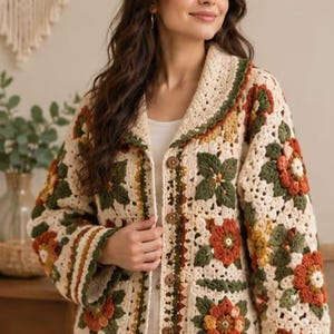 May include: A long-sleeved cardigan made of cream-colored crochet granny squares featuring floral motifs in shades of olive green, burnt orange, and mustard yellow. The garment has a wide collar, a button-down front with brown buttons, and pockets.
