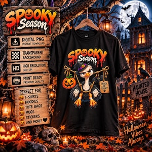 May include: A black t-shirt featuring a graphic of an ostrich wearing a witch hat, holding a pumpkin and a sign that reads "TRICK-OR-TREAT" with the text "SPOOKY SEASON" above it. The design includes a small bat and rope accents.