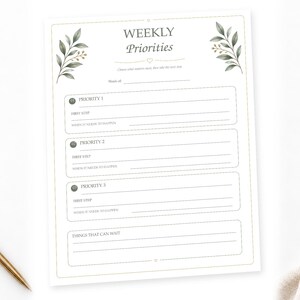 Op de afbeelding: Een wit weekplannerblad met groene bladillustraties in de bovenhoeken. De tekst luidt WEEKLY Priorities, Choose what matters most, then take the next step, Head of, PRIORITY 1, 2, 3, FIRST STEP, WHEN IT NEEDS TO HAPPEN en THINGS THAT CAN WAIT.