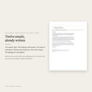Könnte beinhalten: Eine digitale Dokumentvorlage mit zwölf vorformulierten E-Mail-Entwürfen für Hochzeitsfotografie-Kunden. Der Text enthält Überschriften wie The main questionnaire und listet verschiedene E-Mail-Typen wie Buchungsbestätigung und Bewertungsanfragen auf.