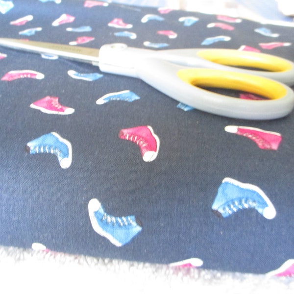 Clothworks Cotton Fabric Groovy Girls by Masha D'yans with tennis shoes in navy blue and other colors half yard