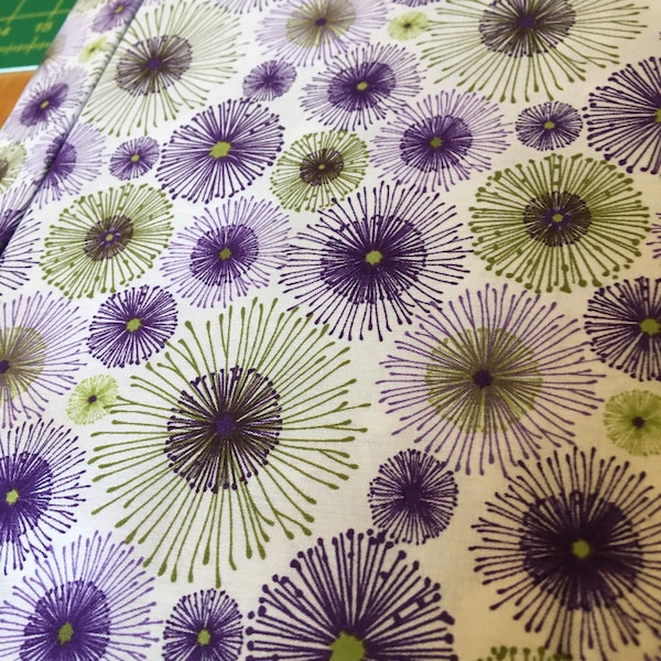 Clothworks Cotton Fabric Lilla in white, purple and lime green half yard cut