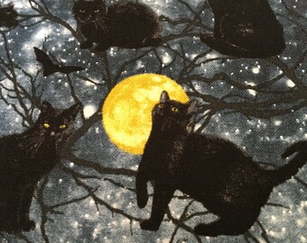 Northcott Cotton Fabric Hocus Pocus with Black Cats in Gray Multi half yard cut