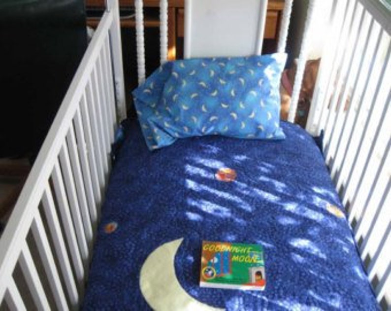 Handmade Modern Quilt Crib Quilt and pillow case Goodnight Moon Crib size