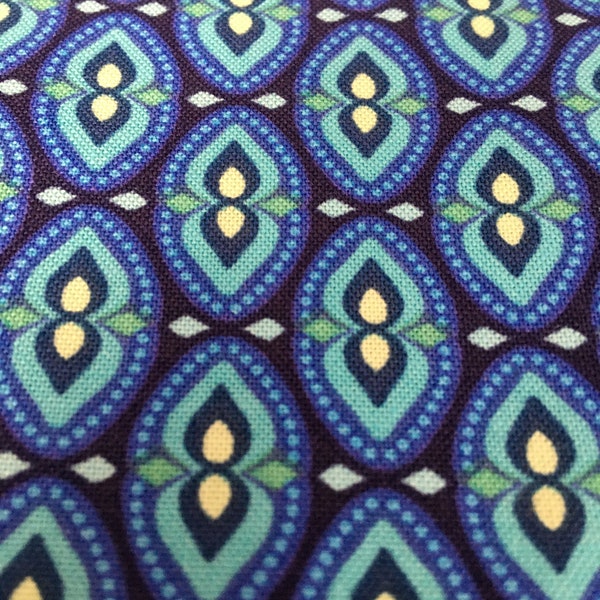 Benartex Cotton Fabric Ogee Lapis in blue, green, yellow small print half yard