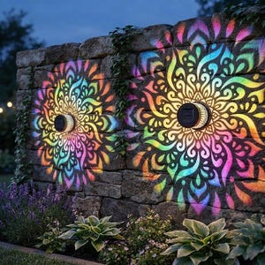 Peut inclure: Deux appliques solaires circulaires fixées sur un mur en pierre, projetant des motifs lumineux multicolores en forme de mandala dans des tons rose, jaune, vert et bleu sur la surface texturée de la maçonnerie en pierre.