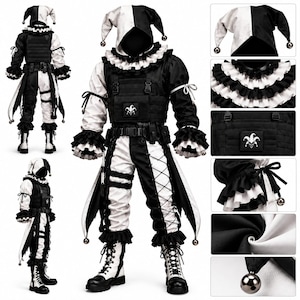 May include: A black and white jester-inspired tactical costume featuring a hooded hat with bells, a ruffled collar, and a tactical vest with a jester patch. The outfit includes lace-up pants, ruffled cuffs, and black and white boots with bells.
