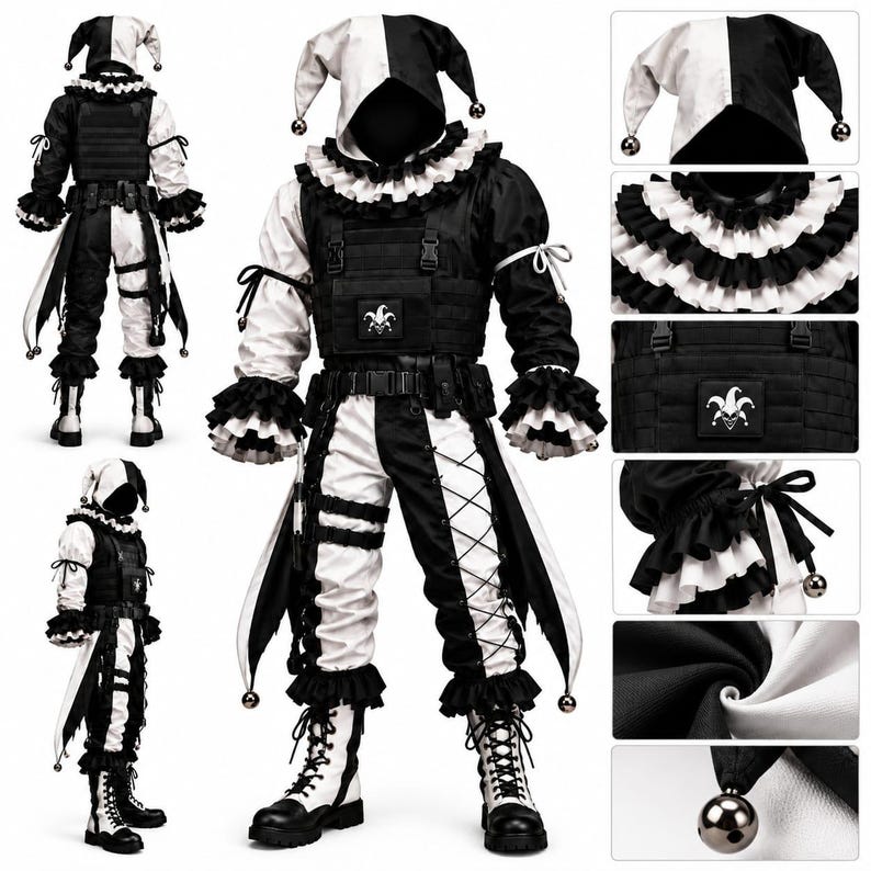 May include: A black and white jester-inspired tactical costume featuring a hooded hat with bells, a ruffled collar, and a tactical vest with a jester patch. The outfit includes lace-up pants, ruffled cuffs, and black and white boots with bells.