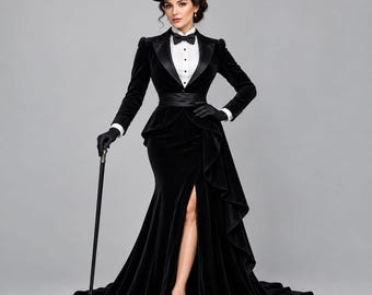 Pode incluir: Um vestido longo de veludo preto com uma fenda lateral alta, um corpete justo estilo blazer com lapelas de cetim e uma camisa branca abotoada por baixo. O traje inclui uma cartola preta com pena, luvas pretas e uma bengala preta.