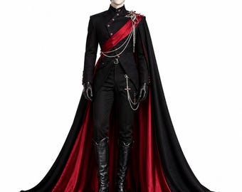 Pode incluir: Um casaco preto de estilo militar com gola alta, detalhes vermelhos e uma capa comprida com forro vermelho. O conjunto inclui calças pretas, luvas pretas e botas pretas até ao joelho. Um acessório de corrente prateada com uma cruz.