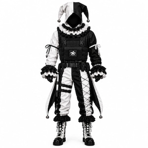 May include: A black and white jester costume featuring a hooded headpiece with bells, a ruffled collar, and a tactical vest with a jester patch. The outfit includes long sleeves with ruffled cuffs, pants with lace-up details, and black and white boots.