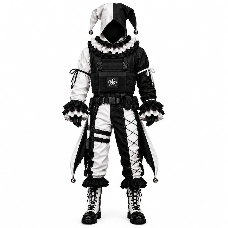 May include: A black and white jester costume featuring a hooded headpiece with bells, a ruffled collar, and a tactical vest with a jester patch. The outfit includes long sleeves with ruffled cuffs, pants with lace-up details, and black and white boots.