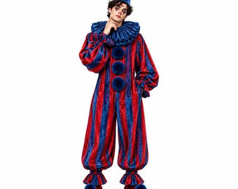 May include: A velvet clown costume featuring a red and blue vertical striped jumpsuit with long, puffed sleeves, a large ruffled collar, and three blue pom-poms down the front. Includes a matching cone-shaped hat and ruffled ankle cuffs.