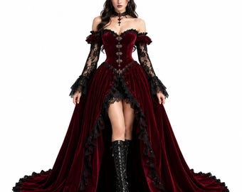 May include: A deep red velvet high-low gown featuring off-the-shoulder sleeves with black lace trim, a corset-style bodice with silver-toned front closures, a matching black lace choker, and a headpiece, paired with black lace-up knee-high boots.
