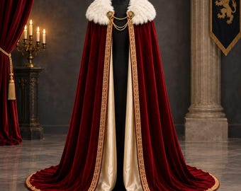 Pode incluir: Uma capa de veludo vermelho profundo até ao chão com forro cor de creme. A peça apresenta um colarinho grosso de pele sintética branca, bordas com ornamentos dourados bordados e um fecho de corrente dourada com dois detalhes de leão.