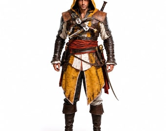 May include: A hooded costume featuring a yellow and brown textured tunic, dark brown leather-like arm guards, and matching boots. The outfit includes a red waist sash, two flintlock pistols strapped to the chest, and a sword at the hip.